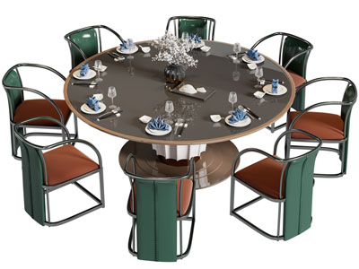 新中式圆形餐桌椅组合3d模型 新中式圆形餐桌椅组合