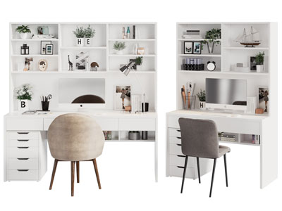 现代带书柜的书桌椅组合3d模型 现代带书柜的书桌椅组合