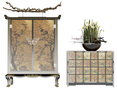 中式植物图案装饰的玄关柜 抽屉柜 边柜