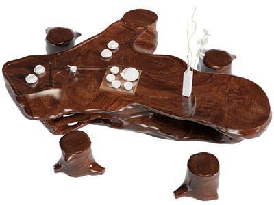 新中式原木不规则茶桌椅组合3d模型 新中式原木不规则茶桌椅组合