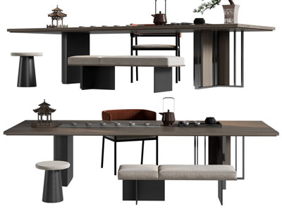 新中式长方形实木茶桌椅组合3d模型 新中式长方形实木茶桌椅组合