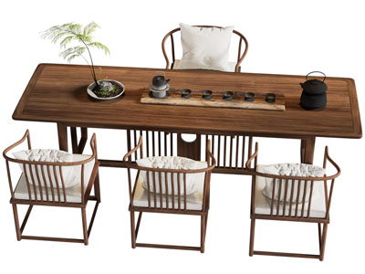 新中式实木长方形茶桌椅组合3d模型 新中式实木长方形茶桌椅组合