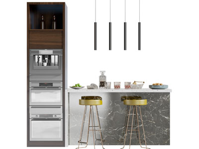 现代带橱柜的轻奢大理石吧台吧凳3d模型 现代带橱柜的轻奢大理石吧台吧凳
