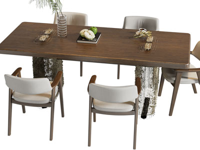 现代实木长方形餐桌椅组合3d模型 现代实木长方形餐桌椅组合
