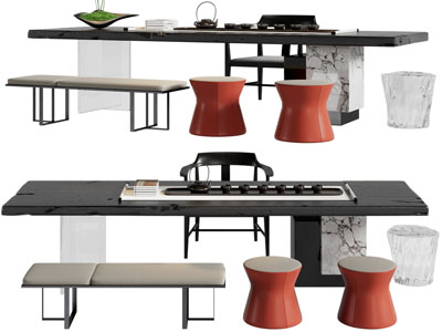 新中式长方形茶桌椅组合3d模型 新中式长方形茶桌椅组合