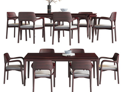 现代实木长方形餐桌椅组合3d模型 现代实木长方形餐桌椅组合