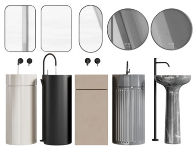 现代立式洗手台、水龙头、镜子