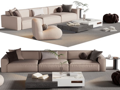 现代布艺多人沙发、懒人沙发和茶几组合