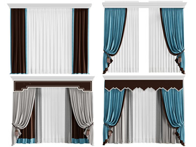 新中式带窗帘盒的窗帘窗纱3d模型 新中式带窗帘盒的窗帘窗纱