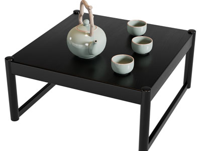 新中式方形边几、茶具杯子3d模型 新中式方形边几、茶具杯子