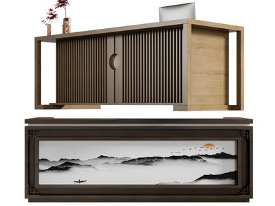 新中式长方形前台接待台3d模型 新中式长方形前台接待台