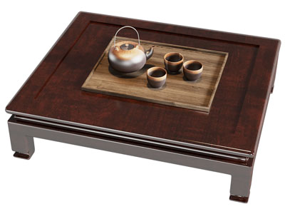 新中式茶几、茶具杯子3d模型 新中式茶几、茶具杯子