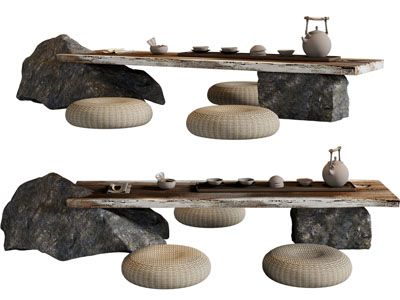 侘寂风茶桌蒲团组合3d模型 侘寂风茶桌蒲团组合