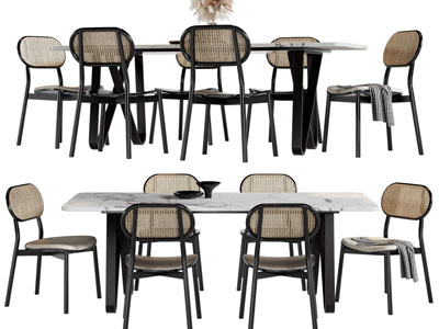 现代长方形餐桌椅组合3d模型 现代长方形餐桌椅组合