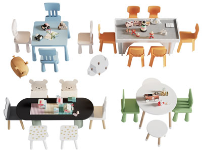 现代儿童娱乐桌椅组合3d模型 现代儿童娱乐桌椅组合