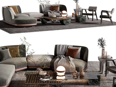 现代转角多人沙发、休闲椅子和茶几组合