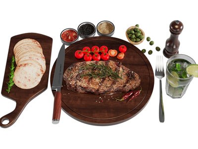 现代砧板、牛排、饼食物饮料