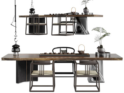 新中式长方形实木茶桌椅组合3d模型 新中式长方形实木茶桌椅组合