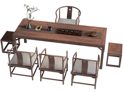 新中式实木茶桌椅组合3d模型 新中式实木茶桌椅组合