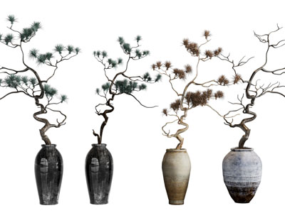 新中式陶艺花瓶 松枝摆件组合