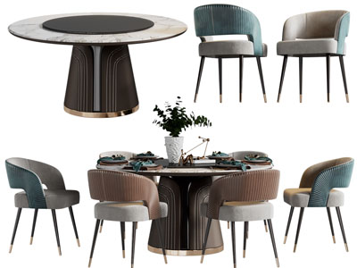 现代长方形、圆形大理石餐桌椅组合3d模型 现代长方形、圆形大理石餐桌椅组合