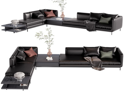 现代皮质转角多人沙发