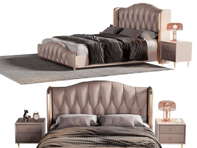 现代轻奢菱形软包床头双人床、床头柜