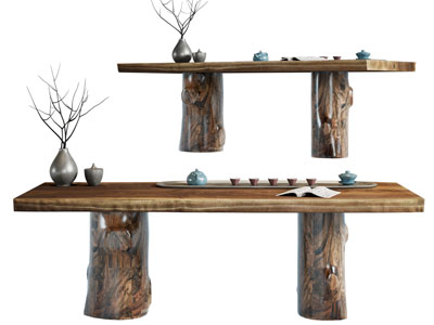 侘寂风实木长方形茶桌 茶具杯子3d模型 侘寂风实木长方形茶桌 茶具杯子