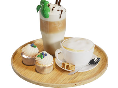 现代托盘咖啡杯、纸杯蛋糕食物饮料
