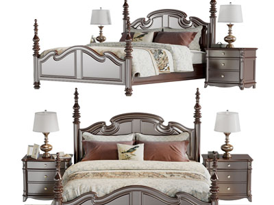 美式实木双人床、床头柜