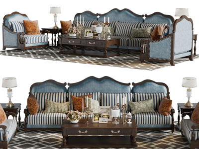 美式多人、单人沙发和茶几组合