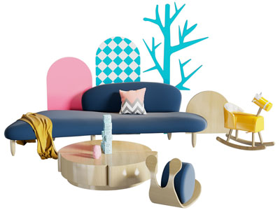 现代多人沙发 卡通动物木马凳子和茶几组合