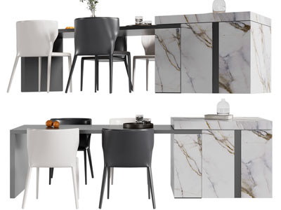 现代带收纳柜的餐桌椅组合3d模型 现代带收纳柜的餐桌椅组合