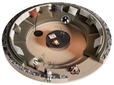 现代沉式圆形多人沙发 茶几组合