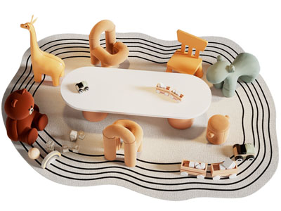 现代儿童桌椅组合、卡通动物布偶玩具3d模型 现代儿童桌椅组合、卡通动物布偶玩具