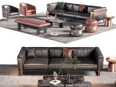 现代皮质多人沙发 单人沙发和茶几组合