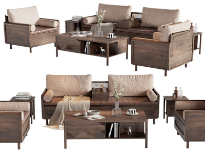 现代中古风实木双人 单人沙发和茶几组合