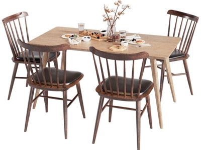 北欧实木长方形餐桌椅组合3d模型 北欧实木长方形餐桌椅组合