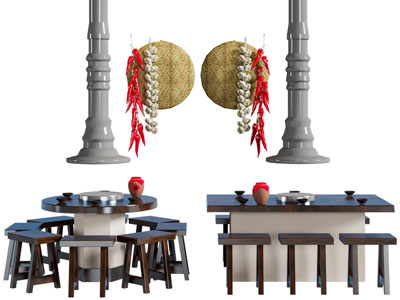 现代民宿灶台铁锅餐桌椅组合3d模型 现代民宿灶台铁锅餐桌椅组合