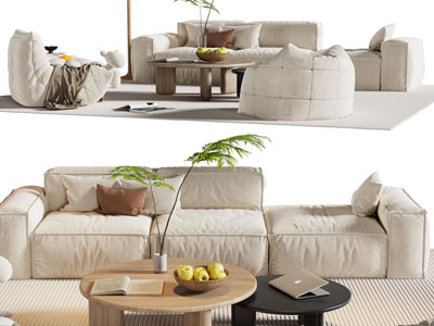 现代布艺多人沙发 懒人沙发和茶几组合
