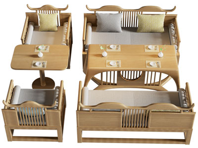 新中式实木卡座餐桌椅组合3d模型 新中式实木卡座餐桌椅组合