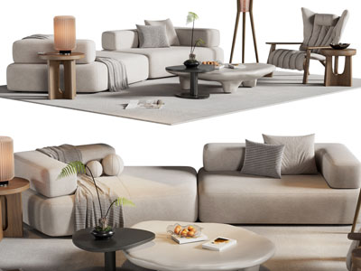 侘寂风布艺多人沙发、休闲椅子和茶几组合