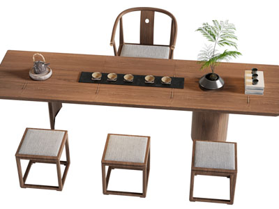 新中式长方形实木茶桌椅组合3d模型 新中式长方形实木茶桌椅组合