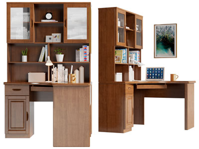 现代实木带书柜的书桌椅组合3d模型 现代实木带书柜的书桌椅组合