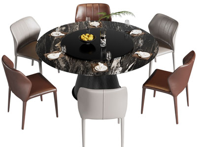 现代黑色大理石圆形餐桌椅组合3d模型 现代黑色大理石圆形餐桌椅组合