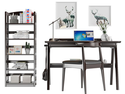 北欧书柜、书桌椅组合3d模型 北欧书柜、书桌椅组合