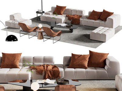 现代转角多人沙发、休闲椅子和茶几组合