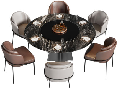 现代带转盘的圆形大理石餐桌椅组合3d模型 现代带转盘的圆形大理石餐桌椅组合