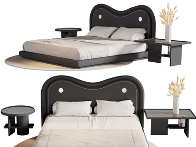 现代黑色双人床、床头柜