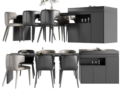 现代带储物柜的餐桌椅组合3d模型 现代带储物柜的餐桌椅组合